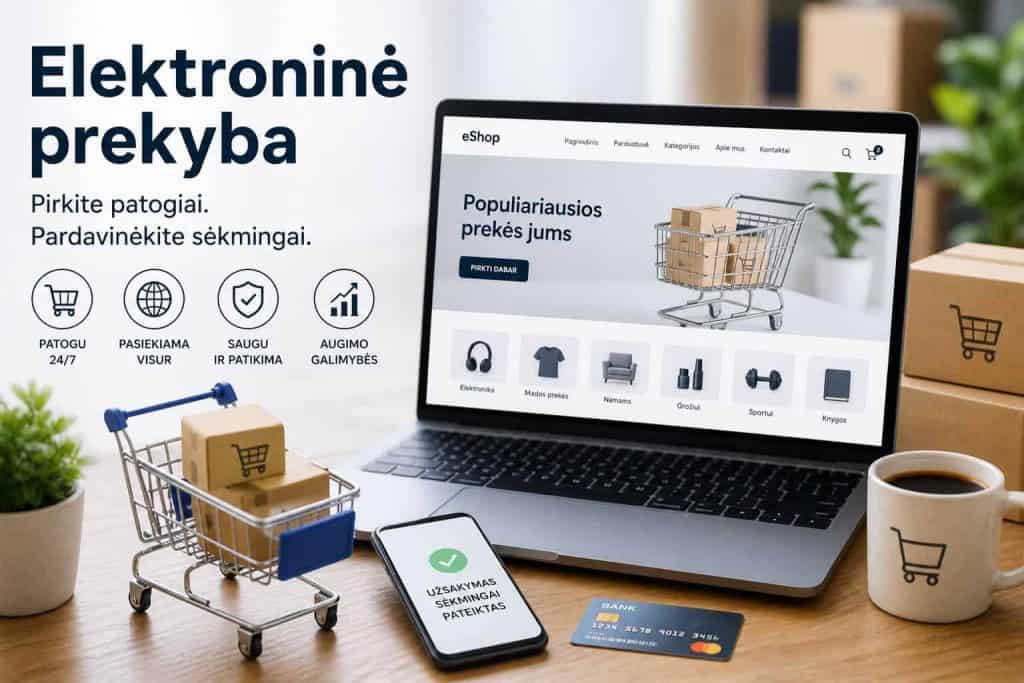 Elektroninė prekyba ir internetinis verslas su pirkinių krepšiu ir kompiuteriu.