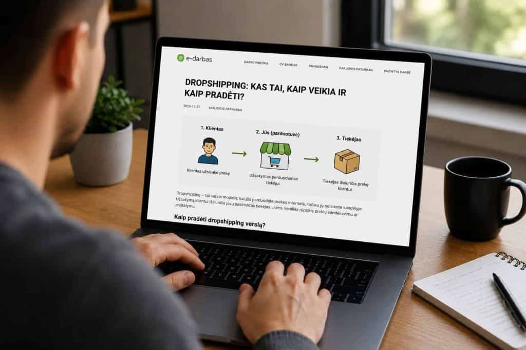 Asmeninis kompiuteris su dropshipping informacija ekrane.