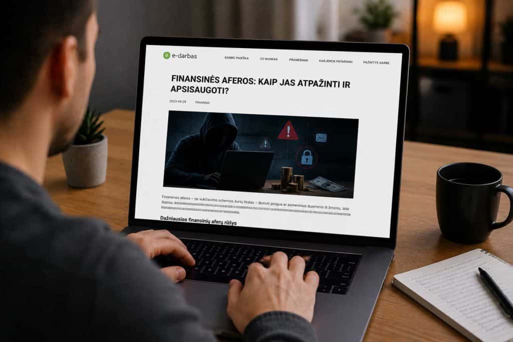 Asmeninis kompiuteris su finansinėmis aferomis susijusiu turiniu.