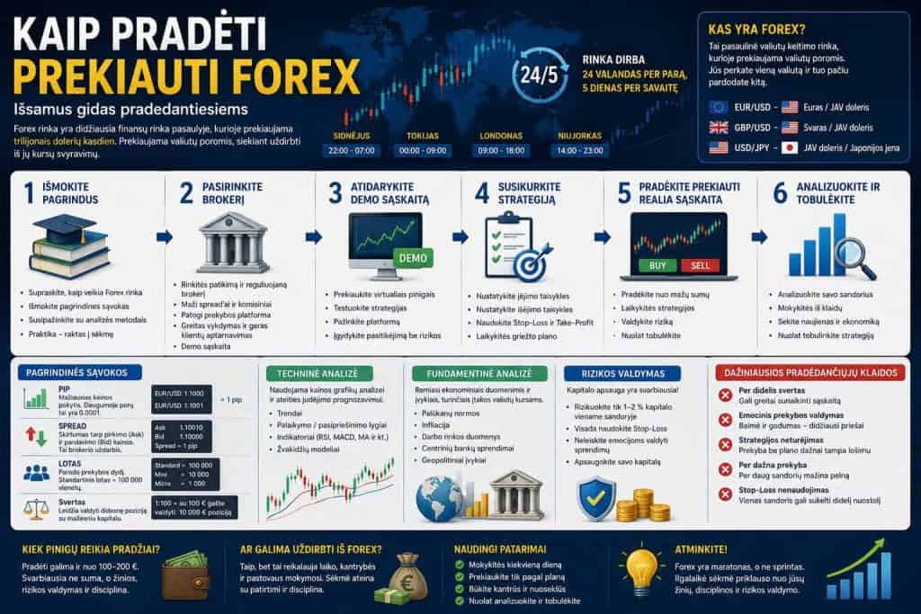 Prekybos Forex vadovas su 5 žingsnių instrukcijomis ir strategijomis.