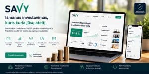 Investicijų platforma SAVY su mobiliuoju ir kompiuterio vaizdais, skirta investuoti ir valdyti pinig.