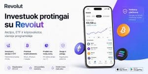 Revolut investuoja platforma su mobiliuoju telefonu ir kriptovaliutų simboliais.