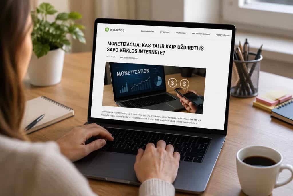 Kompiuterio ekrane rodomas straipsnis apie uždarbį internete.