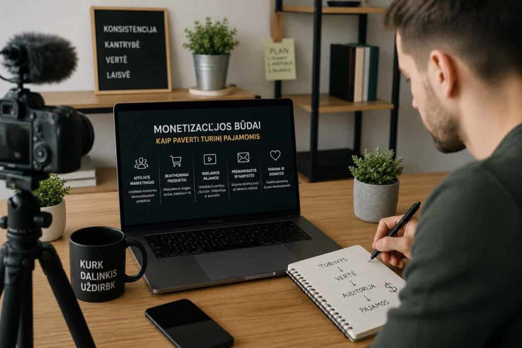 Verslo planas ir monetizacijos būdai internete, vaizdas su kompiuteriu ir užrašais.