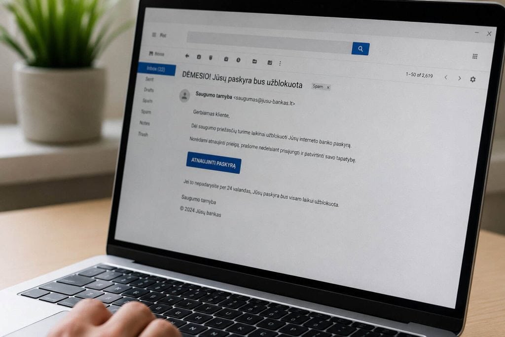 Elektroninio pašto sukčiavimo pavyzdys su apgaulingais laiškais.