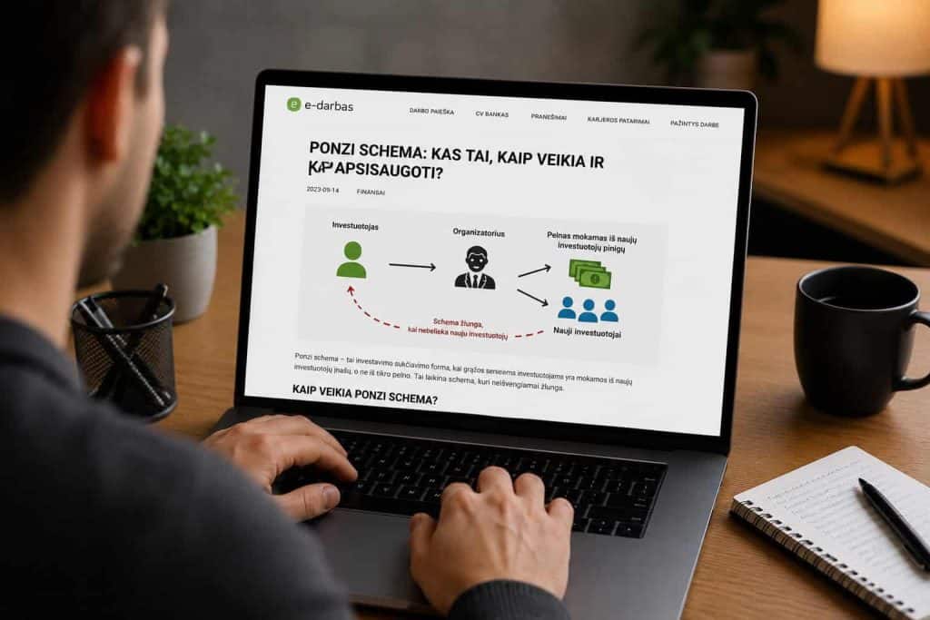 Internetas naudojantis asmuo analizuoja Ponzi schemos paaiškinimą kompiuteryje.