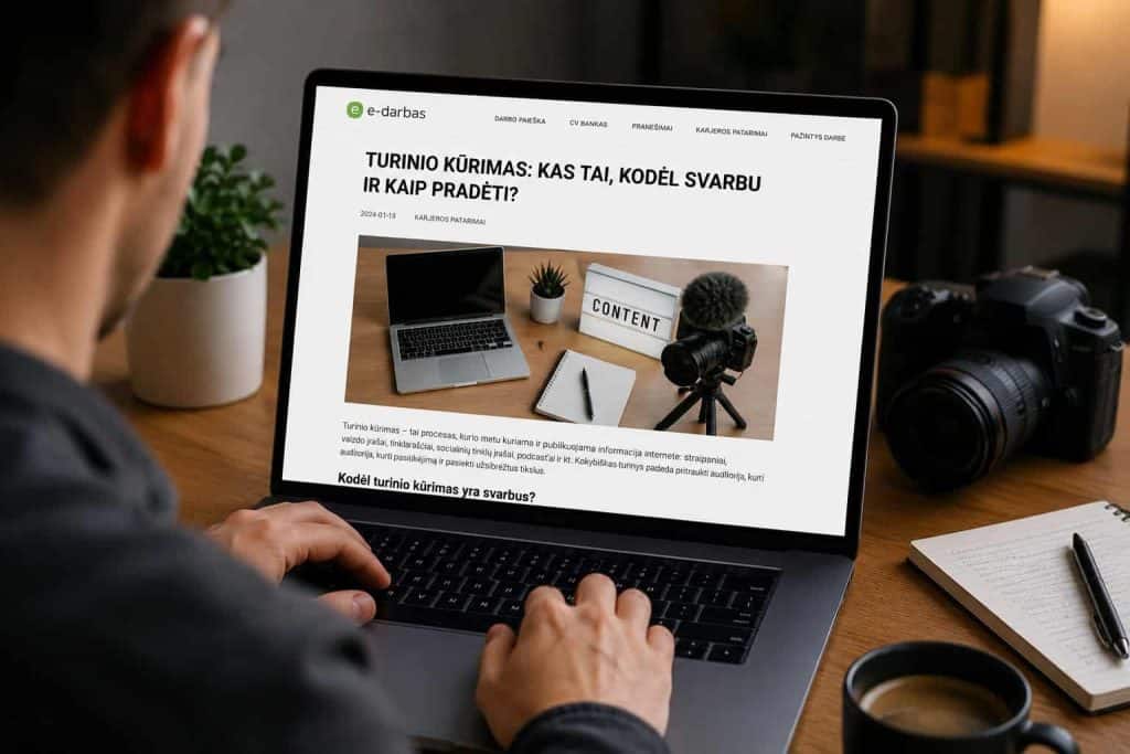 Kompiuterio ekrane rodomas turinio kūrimo straipsnis.