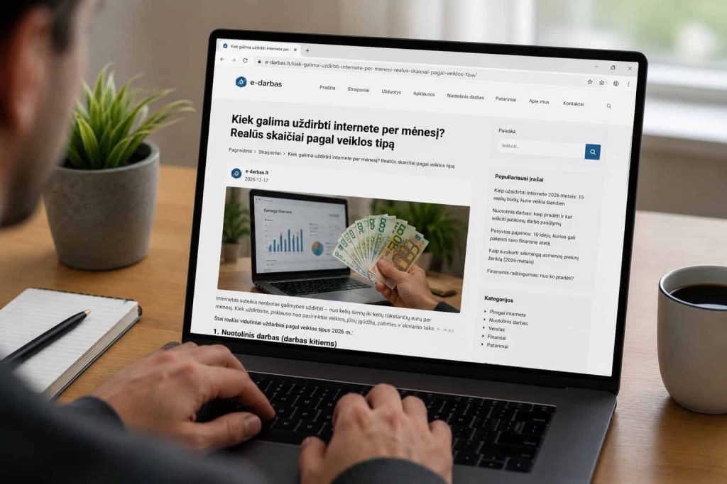 Asmeninis kompiuteris su ataskaita apie uždarbį internete per mėnesį.