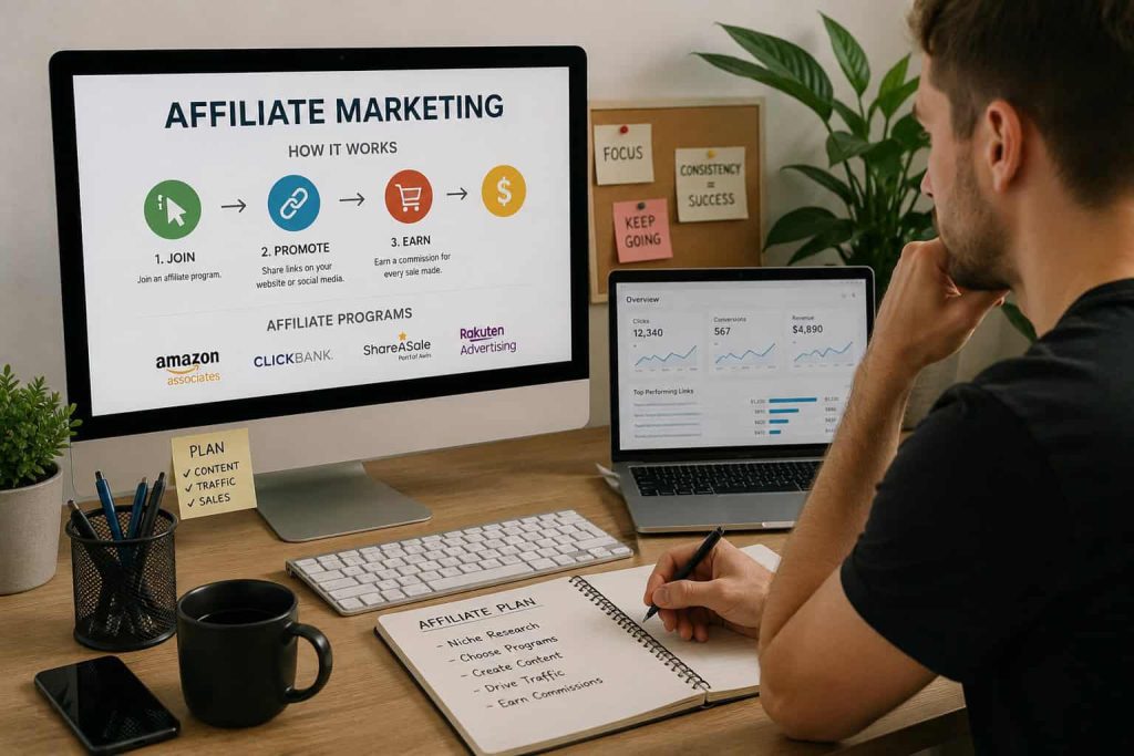 Affiliate marketing strategijos ir programos kompiuteryje.